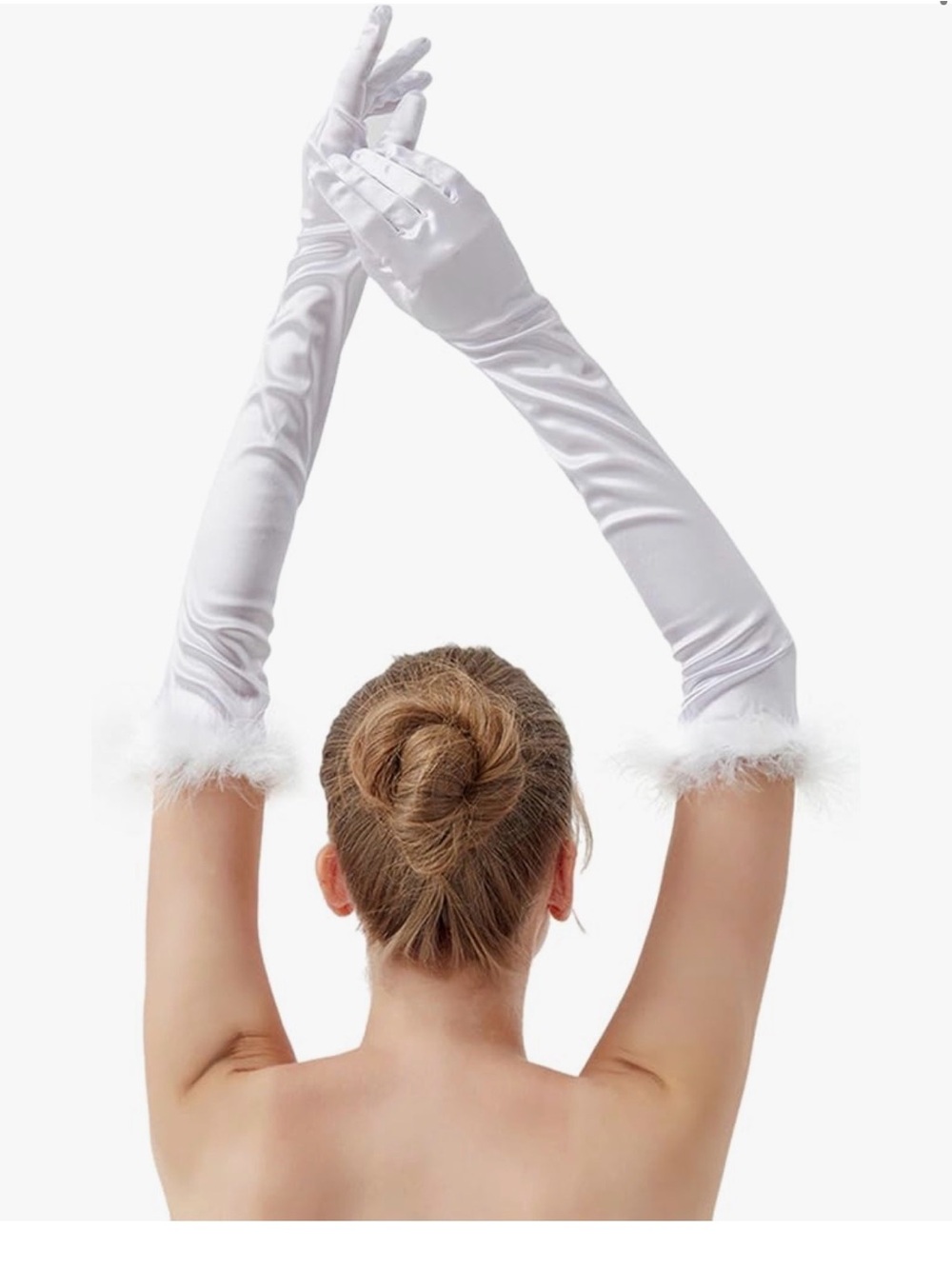 White Satin Opera Gloves with Feather Trim